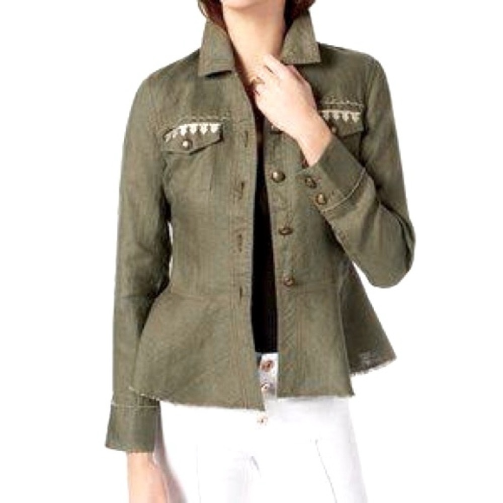 International Concepts 100% Linen Embroidered Olive Green Utility Jacket Sz M - Picture 2 of 13